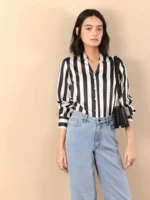 Satin Striped Shirt - Black And Off White - Image 2