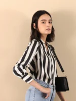 Satin Striped Shirt - Black And Off White - Image 3