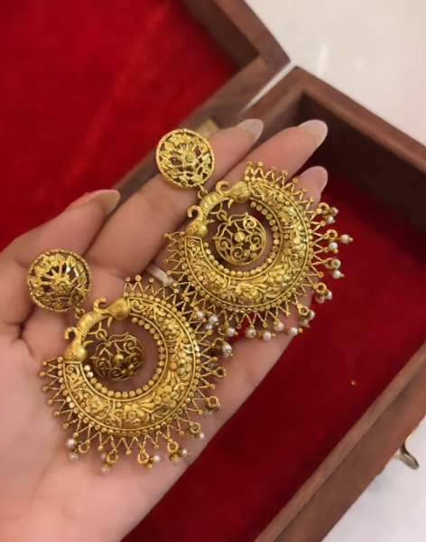 Traditional Antique Gold-Tone Chandbali Earrings
