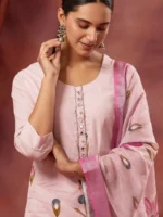 Faeezah Pink Palazzo Cotton Suit Set - (M 3 PCS)