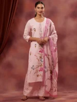 Faeezah Pink Palazzo Cotton Suit Set - (M 3 PCS) - Image 2